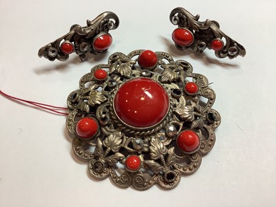 Lot 251 - 1930's brooch and earrings set with faux coral in the style of Max Neiger.