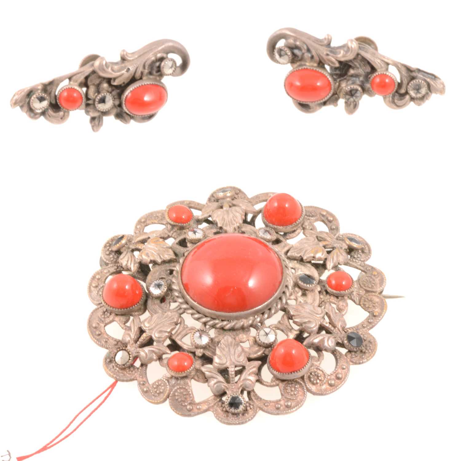 Lot 251 - 1930's brooch and earrings set with faux coral in the style of Max Neiger.