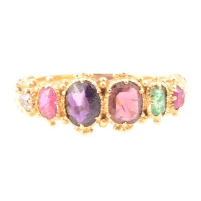 Lot 237 - Late 19th century sentimental "Regard" ring set with coloured precious stones.s, yellow metal.