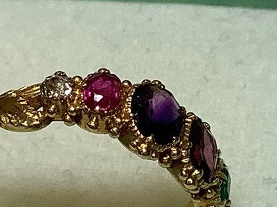 Lot 237 - Late 19th century sentimental "Regard" ring set with coloured precious stones.s, yellow metal.