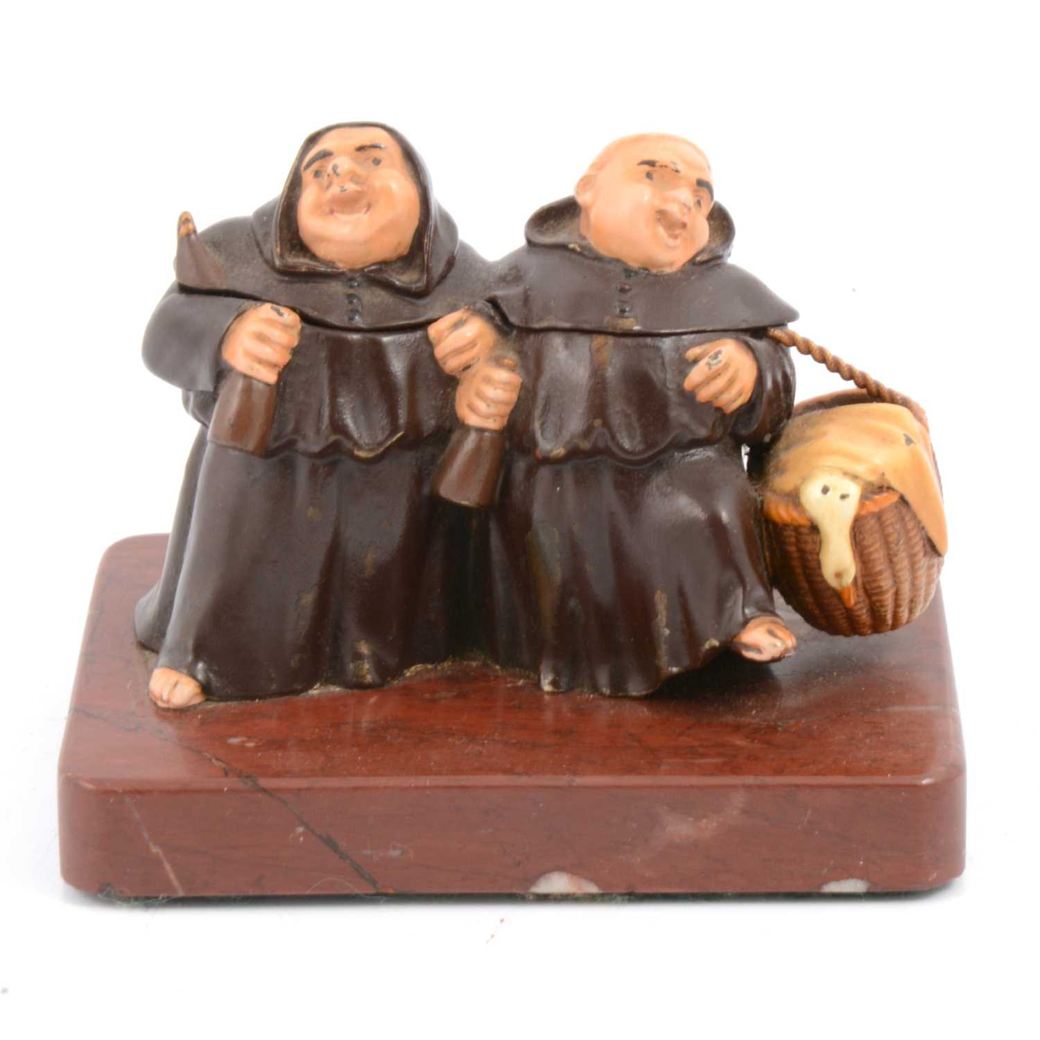 Lot 95 - Cast and cold-painted metal novelty inkwell, formed as two merry monks.