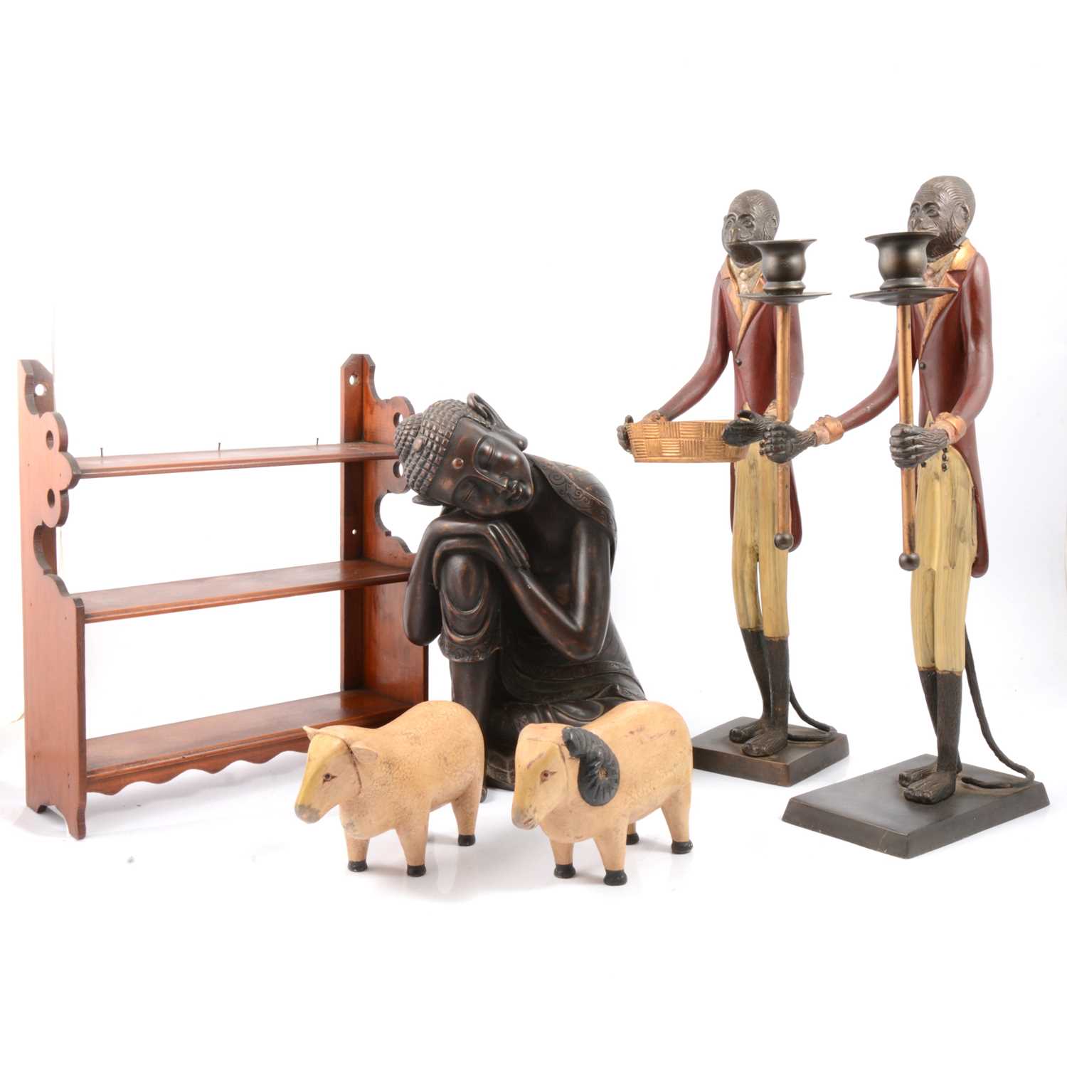 Lot 91 - Metal and wooden wares, to include monkey figures, spice rack etc.
