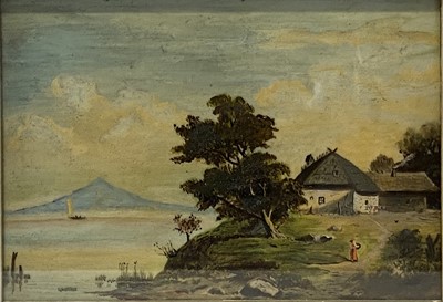 Lot 341 - Topographical landscape with a volcano; and three landscape oil paintings.