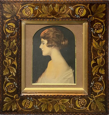 Lot 340 - Edwardian print in an Arts and Crafts pokerwork and stained wooden frame.