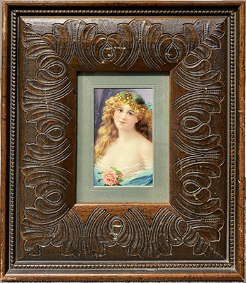 Lot 340 - Edwardian print in an Arts and Crafts pokerwork and stained wooden frame.