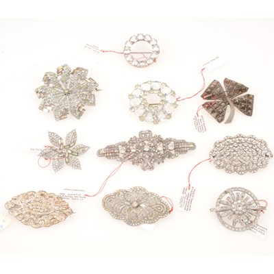 Lot 279 - Ten vintage white metal past set brooches, mostly 1930's, 1940's.