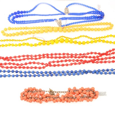 Lot 332 - Six vintage glass bead necklaces, simulated lapis, amber and coral.