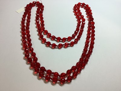 Lot 332 - Six vintage glass bead necklaces, simulated lapis, amber and coral.