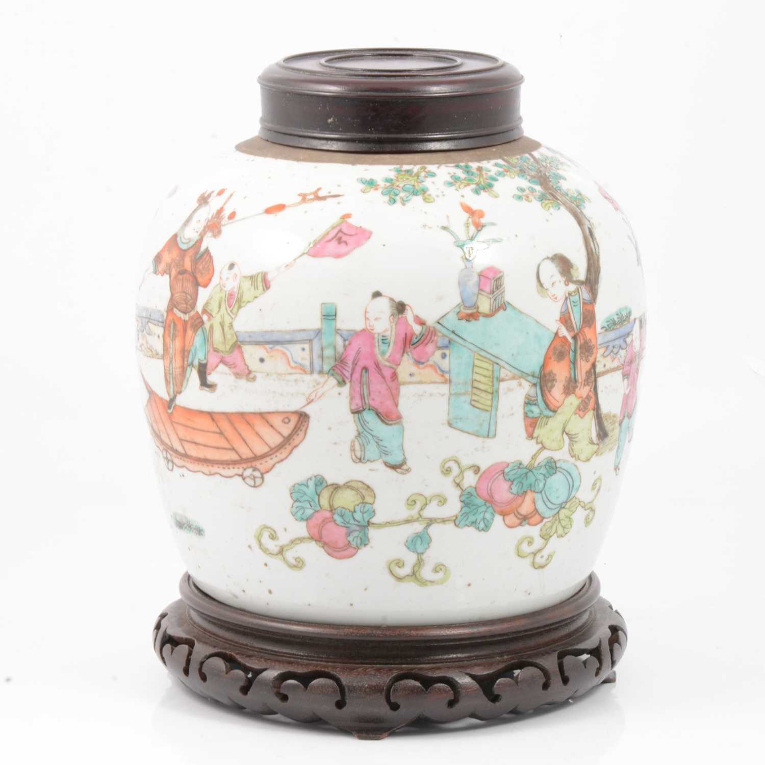 Lot 90 - Chinese pottery jar with hardwood cover and stand.