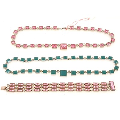 Lot 259 - Two Art Deco paste set necklaces, electric pink and green, an electric pink braclet.