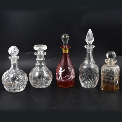 Lot 55 - Ruby glass enamelled decanter and four others.
