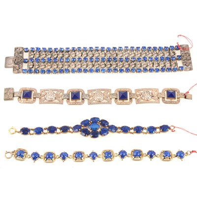 Lot 257 - Four vintage costume jewellery bracelets simulating lapis and sapphires.