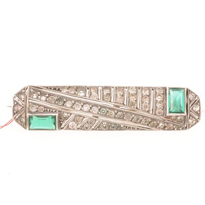 Lot 249 - Art Deco faux emerald and diamond bar brooch in period brooch box.