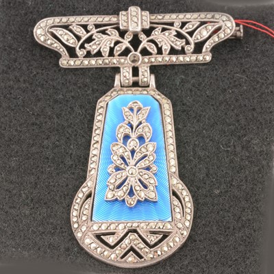Lot 248 - French Art Deco silver set marcasite bar brooch with guilloche enamel fob.