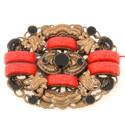 Lot 292 - Czechoslovakian gilt metal brooch, probably Max Neiger of Gablonz set with red pressed glas.