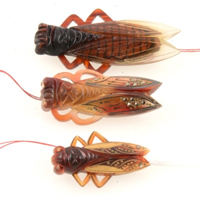 Lot 289 - Three vintage lucite cicada brooches, tortoiseshell colour.