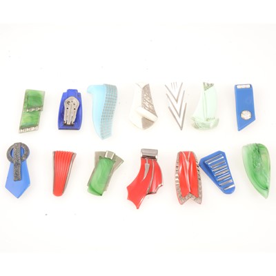 Lot 329 - Fourteen vintage colourful pressed glass single dress clips.