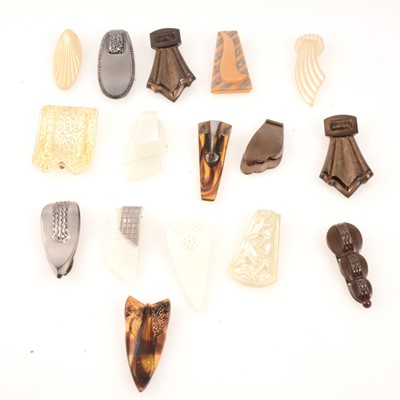 Lot 301 - Sixteen vintage pressed glass single dress clips, ivory colour, faux tortoiseshell, bronzed.