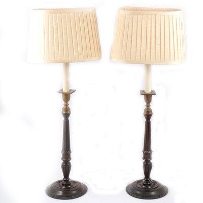 Lot 153 - Pair of Edwardian mahogany and brass table lamps