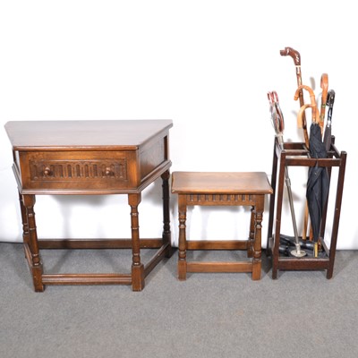 Lot 334 - Reproduction oak side table, stool, stick stand and sticks