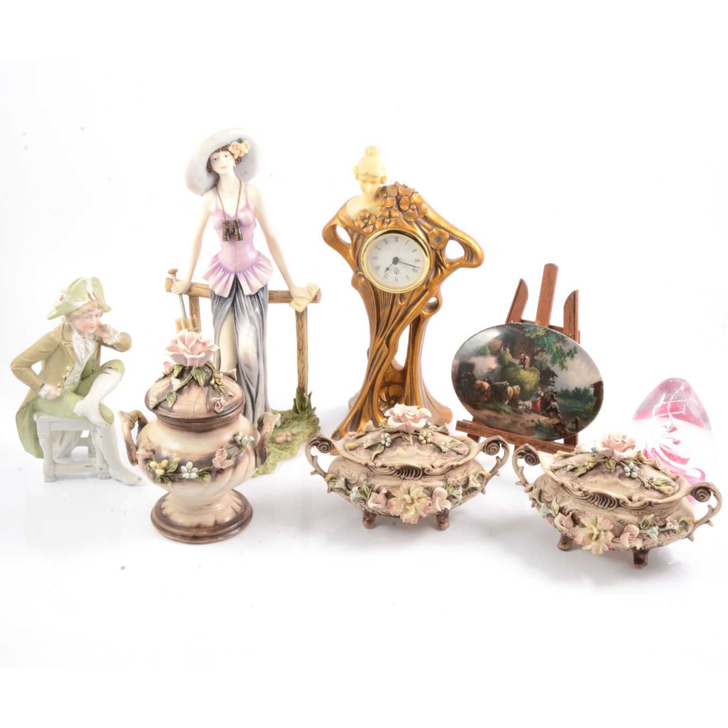 Lot 34 - Pair of small Dresden porcelain figurines, Capodimonte and other decorative items.