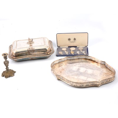 Lot 130 - Silver-plated entree dish, tray, metal candlestick and Republic of Seychelles Independence 1976 coin set.