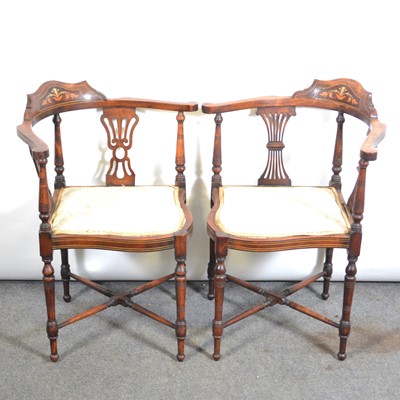 Lot 531 - Pair of Edwardian inlaid beech corner chairs.