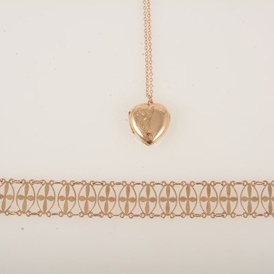 Lot 361 - A 9 carat yellow gold bracelet and a a 9 carat back and front heart shaped locket on chain.