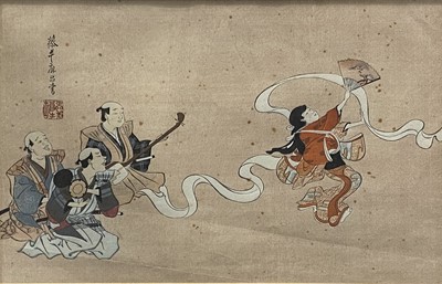 Lot 400 - Two Japanese woodblock prints, Musicians and dancers.