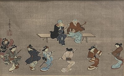 Lot 400 - Two Japanese woodblock prints, Musicians and dancers.