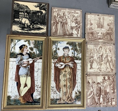 Lot 144 - Two large Victorian decorative figural tiles, and five others.