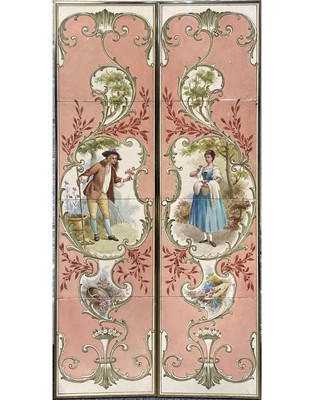 Lot 146 - Pair of decorative hand painted four-tile panels, Rococo style.
