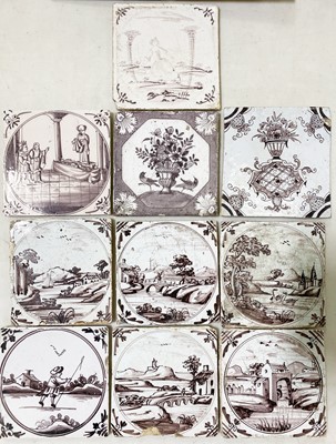 Lot 77 - Ten manganese and white Delftware tiles, possibly English.