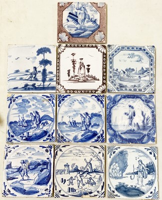 Lot 75 - Ten Dutch Delft tiles, including blue abnd white and manganese and white.