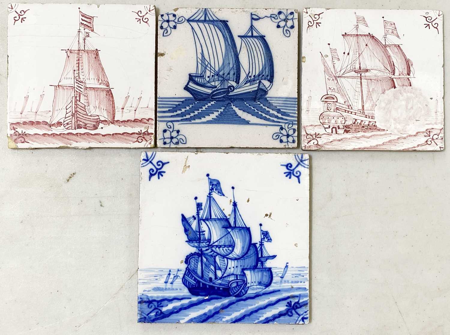 Lot 79 - Four Delft tiles with galleon designs.