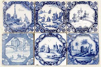 Lot 80 - Six Dutch Delft tiles, landscape designs.