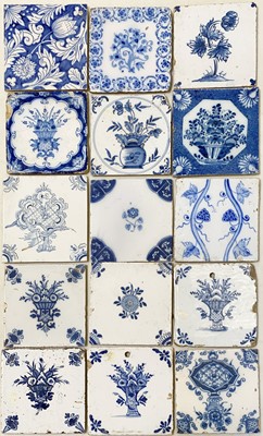 Lot 81 - Fifteen Dutch Delft blue and white tiles, floral designs.