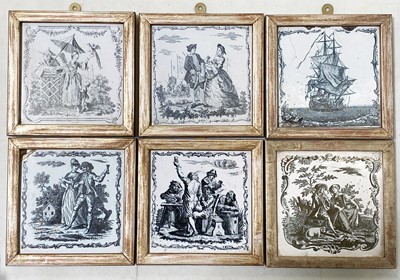 Lot 78 - Six framed Liverpool Delftware tiles, 18th century.