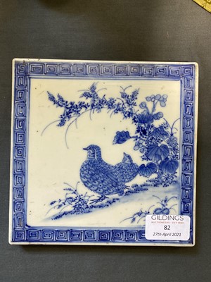Lot 82 - Four Chinese blue and white tiles.