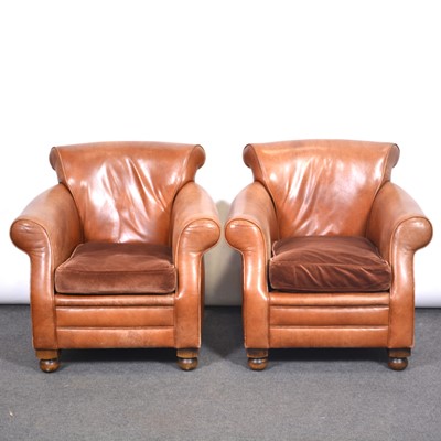 Lot 459 - Pair of modern brown leather easy chairs