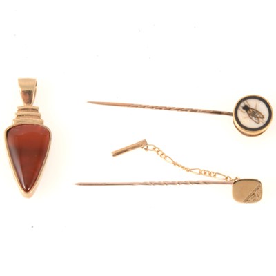 Lot 302 - Gold pendant and two tie pins.