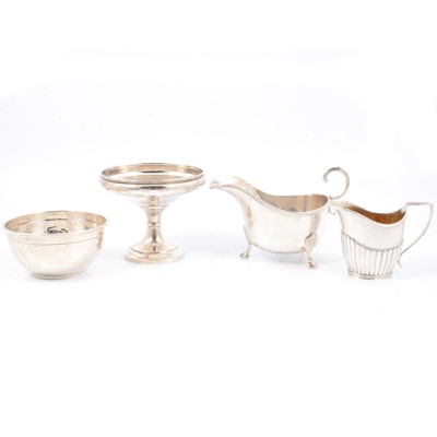 Lot 265 - Silver sauce boat, pedestal dish, hammered bowl, cream jug