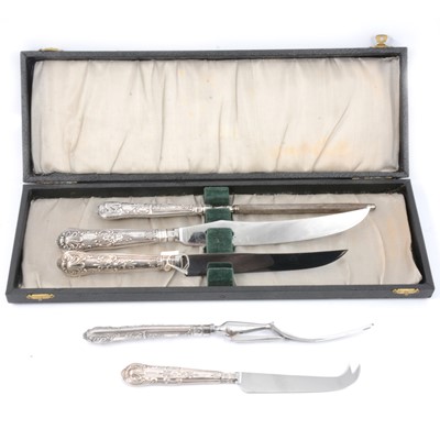 Lot 296 - Three piece silver carving set, cake and cheese knives.