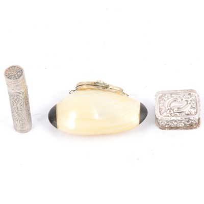 Lot 243 - Mother-of-pearl box, silver pill box, metal container.