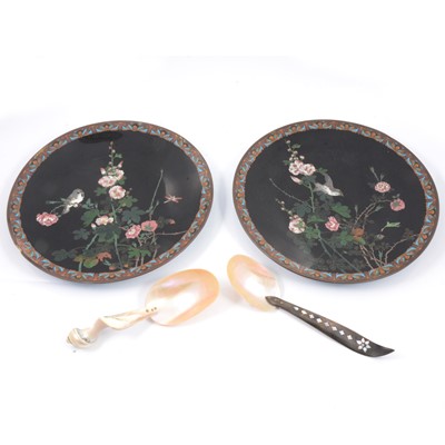 Lot 120 - Pair of cloisonne chargers, two shell bowl spoons