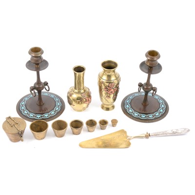 Lot 131 - Pair of bronze finish candlesticks, two Japanese brass vases, French cased cake slice.