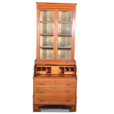 Lot 389 - Edwardian inlaid mahogany cylinder rolltop desk with additional bookcase top