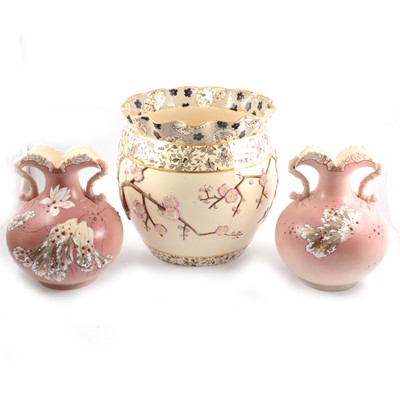 Lot 53 - Pair of Satsuma bulbous vases and a Staffordshire pottery jardiniere.