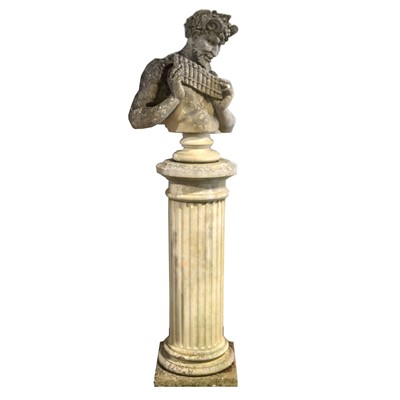 Lot 538 - Stone garden statue bust, Pan, fluted column