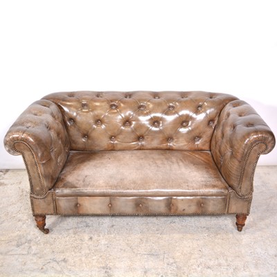 Lot 425 - Olive green leather Chesterfield settee